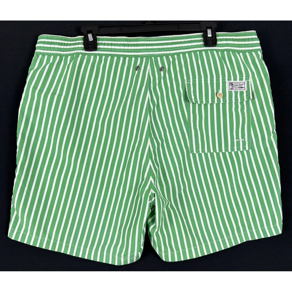 Polo Ralph Lauren Green White Striped Swim Trunks Shorts Men's Size L Swimwear